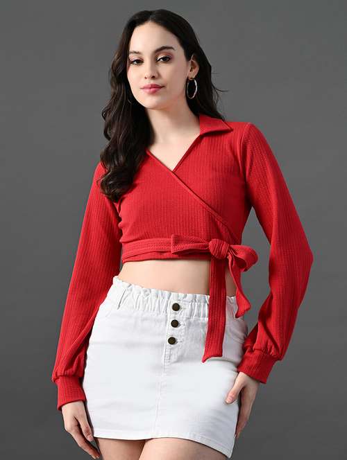 women solid long sleeves mock wrap top - 21899174 -  Standard Image - 0
