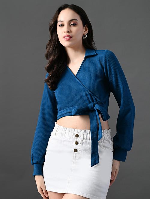 women solid long sleeves mock wrap top - 21899175 - Standard Image - 0