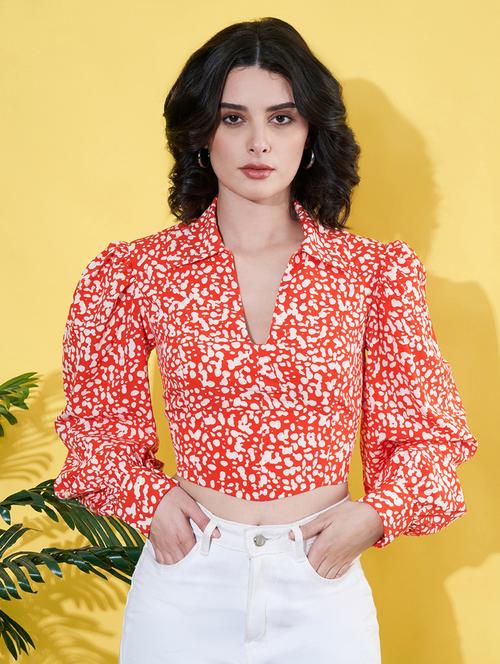 women flotral print puff sleeves crop top - 21899224 - Standard Image - 0
