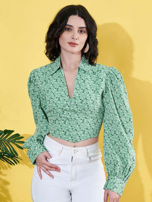 women flotral print puff sleeves crop top - 21899225 - Standard Image - 0