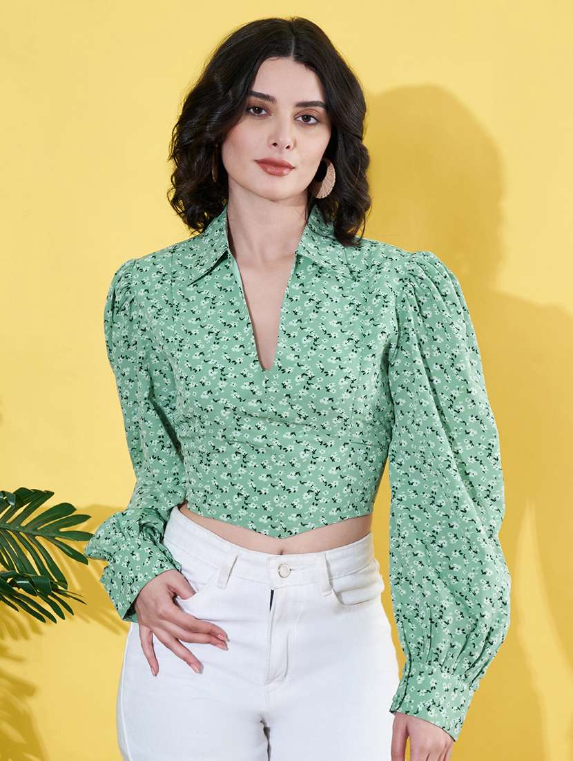 women flotral print puff sleeves crop top - 21899225 - Zoom Image - 0