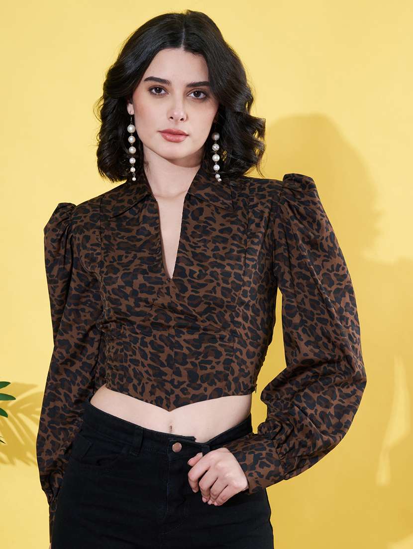 women animal printed puff sleeves crop top