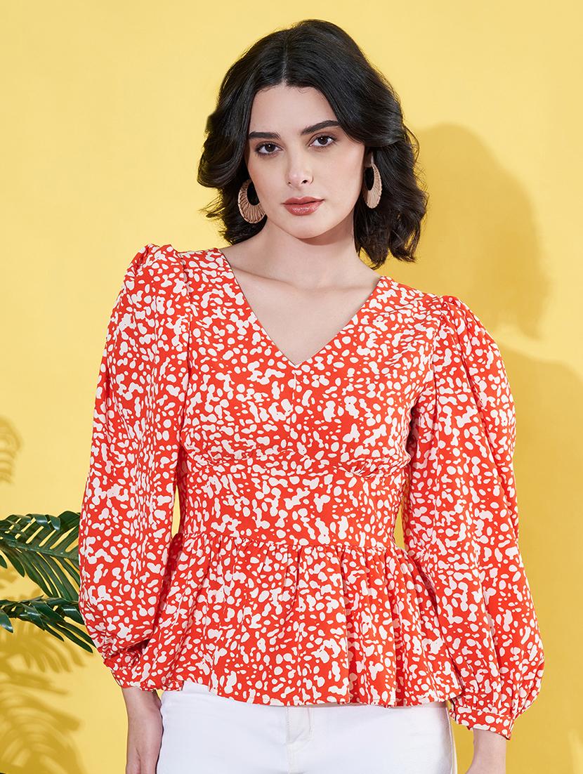 women animal printed puff sleeves peplum top - 21899227 - Zoom Image - 0