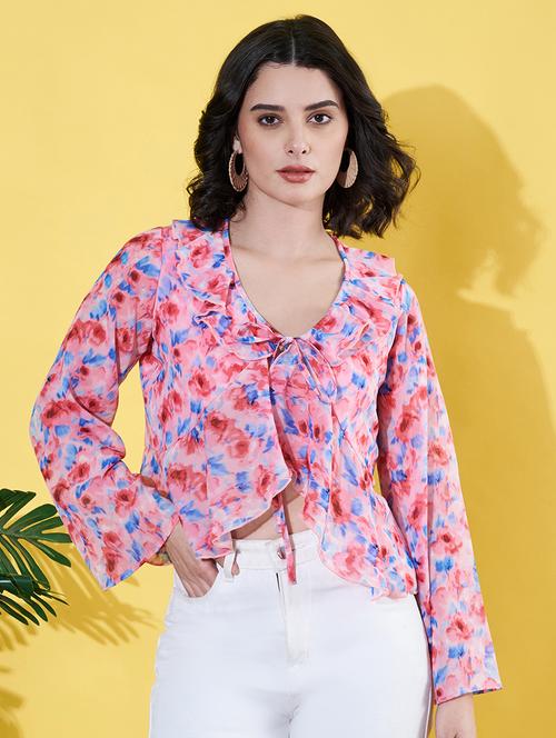 women floral print long sleeves asymmetric top - 21899233 - Standard Image - 0