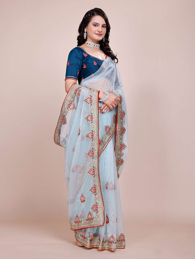 women light blue embroidered saree with blouse - 21899290 -  Standard Image - 2