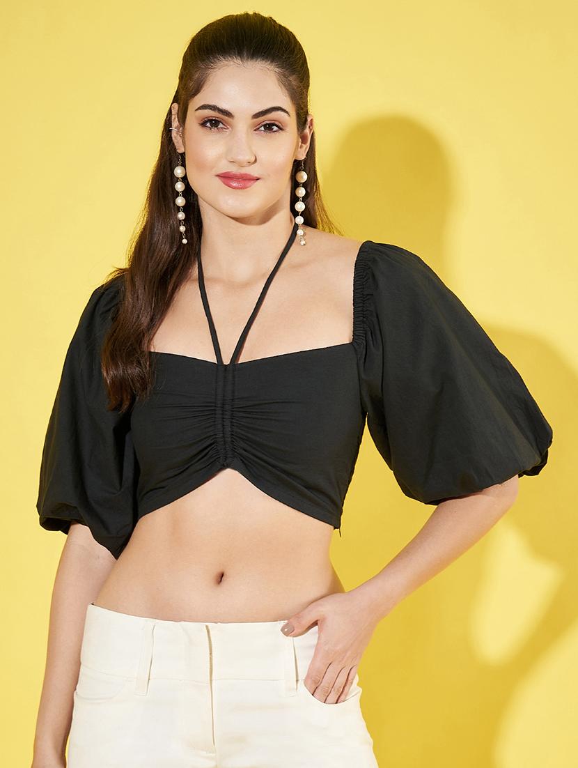 women solid puff sleeves crop top - 21900890 -  Zoom Image - 0