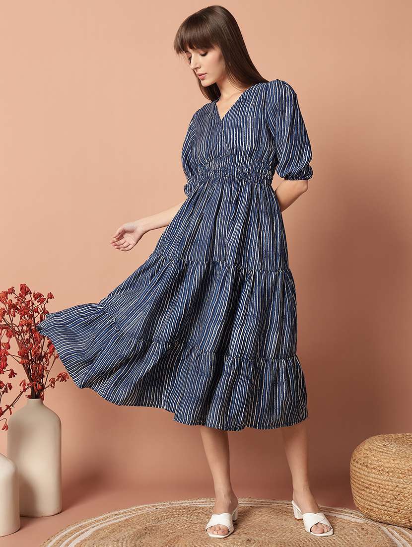 women striped puff sleeve tiered dress