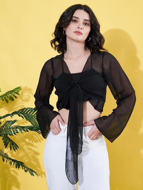 women solid bell sleeves crop top - 21900932 -  Standard Image - 0