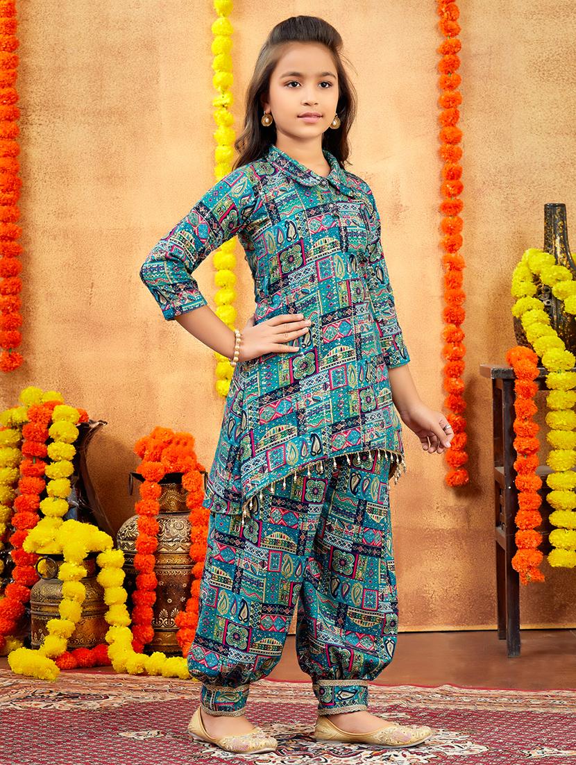 girls printed collared kurta and salwar set - 21900978 - Standard Image - 2
