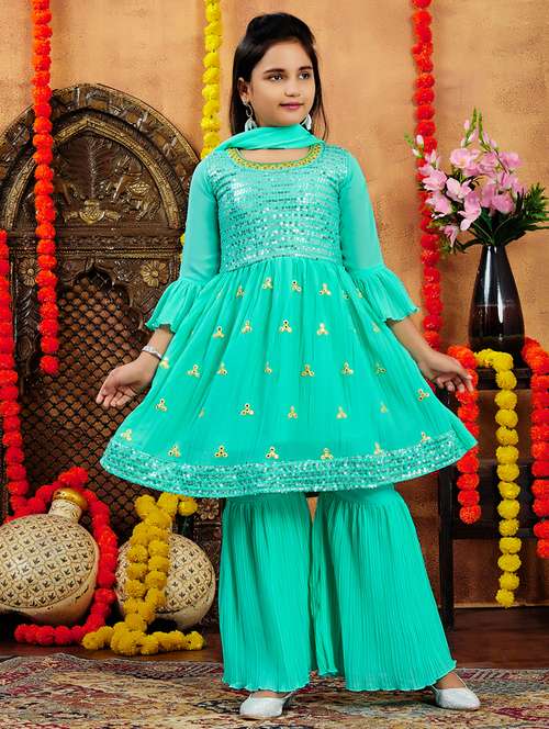 girls embellished kurta and sharara with dupatta  