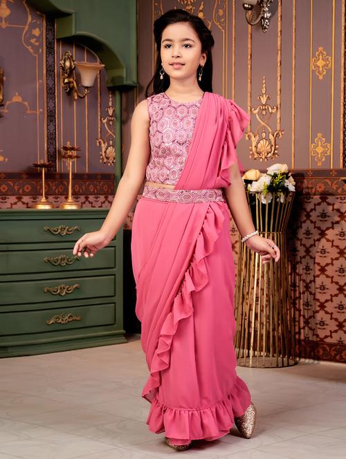 girls solid ready to wear saree with embellished blouse - 21901088 - Standard Image - 0