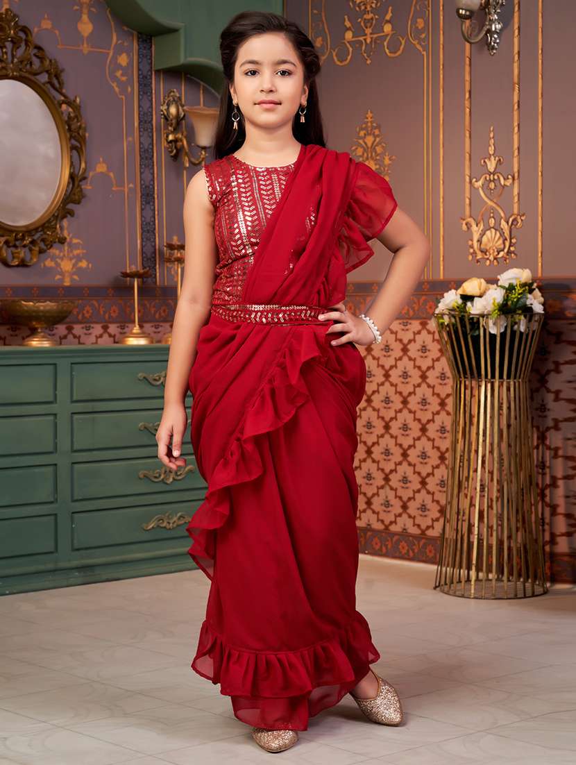girls solid ready to wear saree with embellished blouse