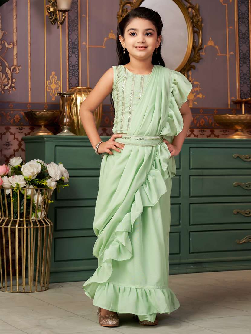 girls solid ready to wear saree with embellished blouse - 21901091 -  Zoom Image - 0