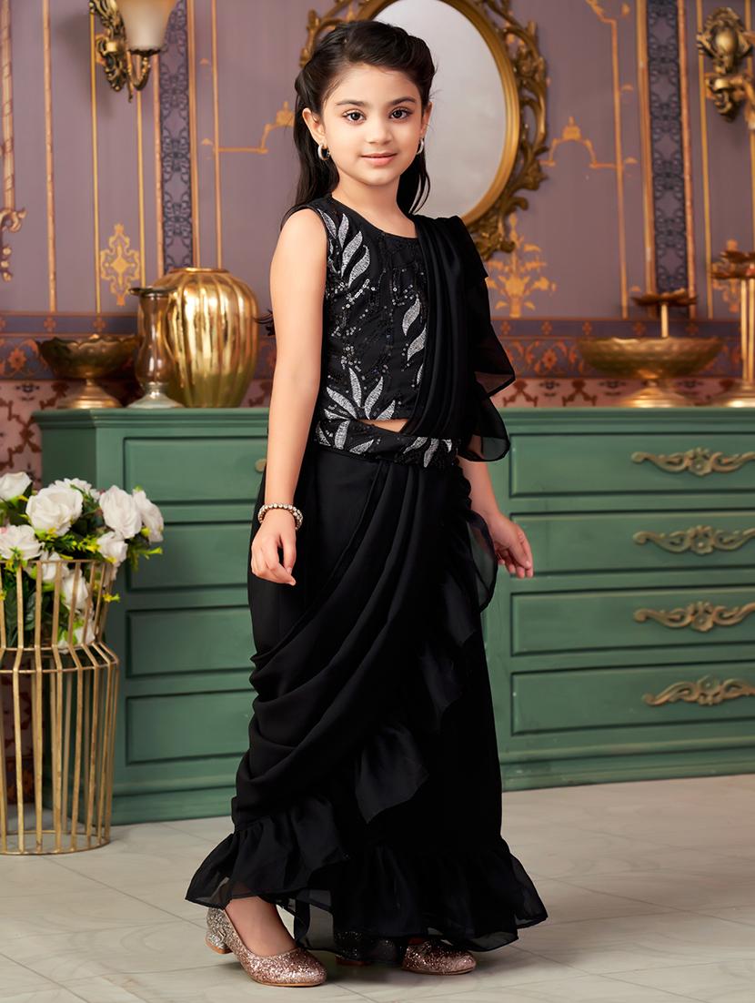girls solid ready to wear saree with embellished blouse - 21901096 - Standard Image - 2