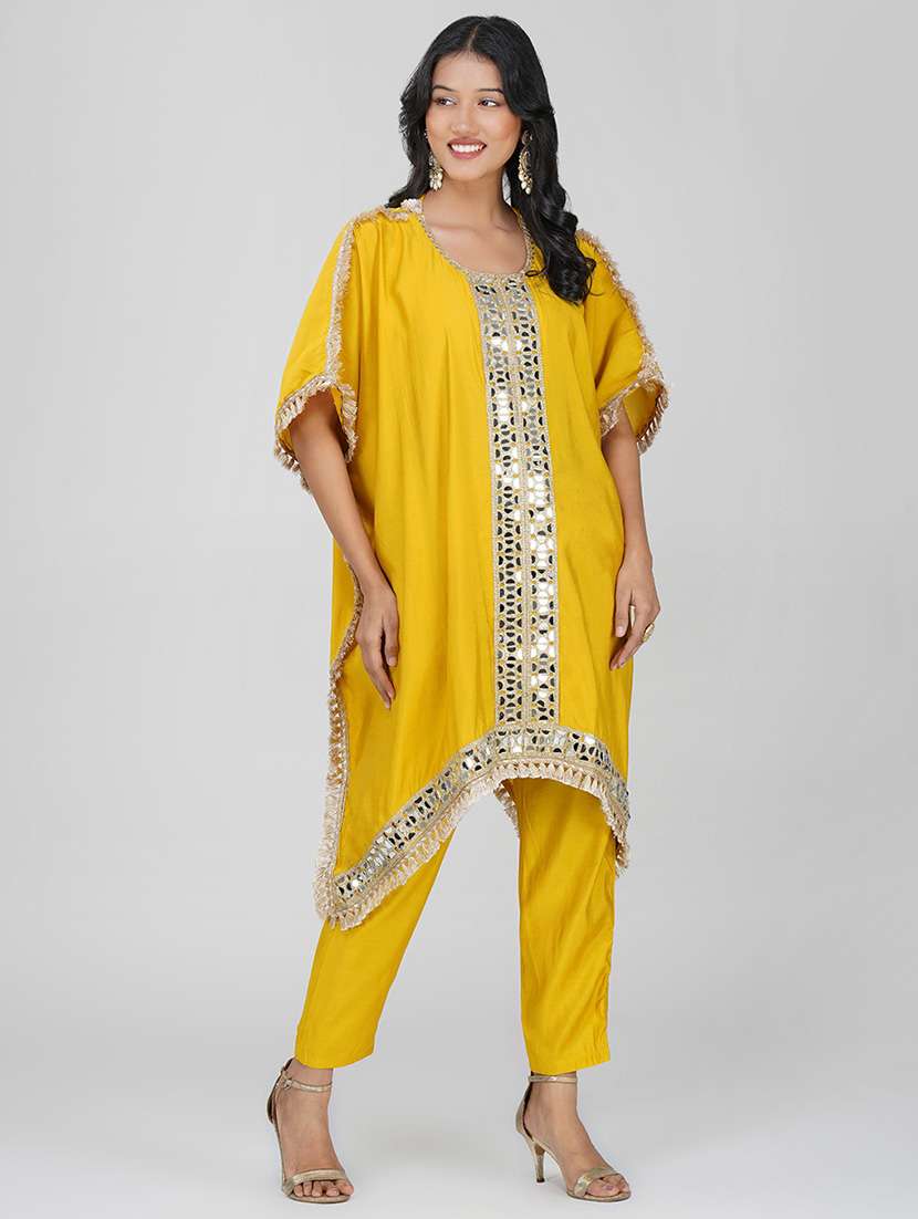 women yellow kimono sleeve kaftan kurta pant set - 21901377 -  Standard Image - 2