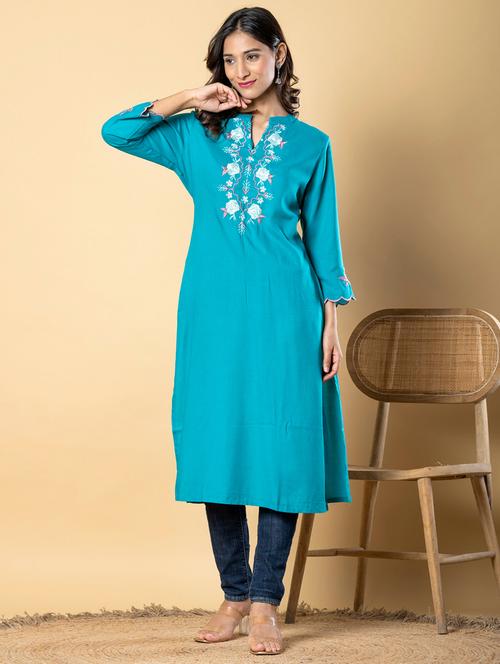 women embroidered three quarter sleeve straight kurta - 21901386 -  Standard Image - 0