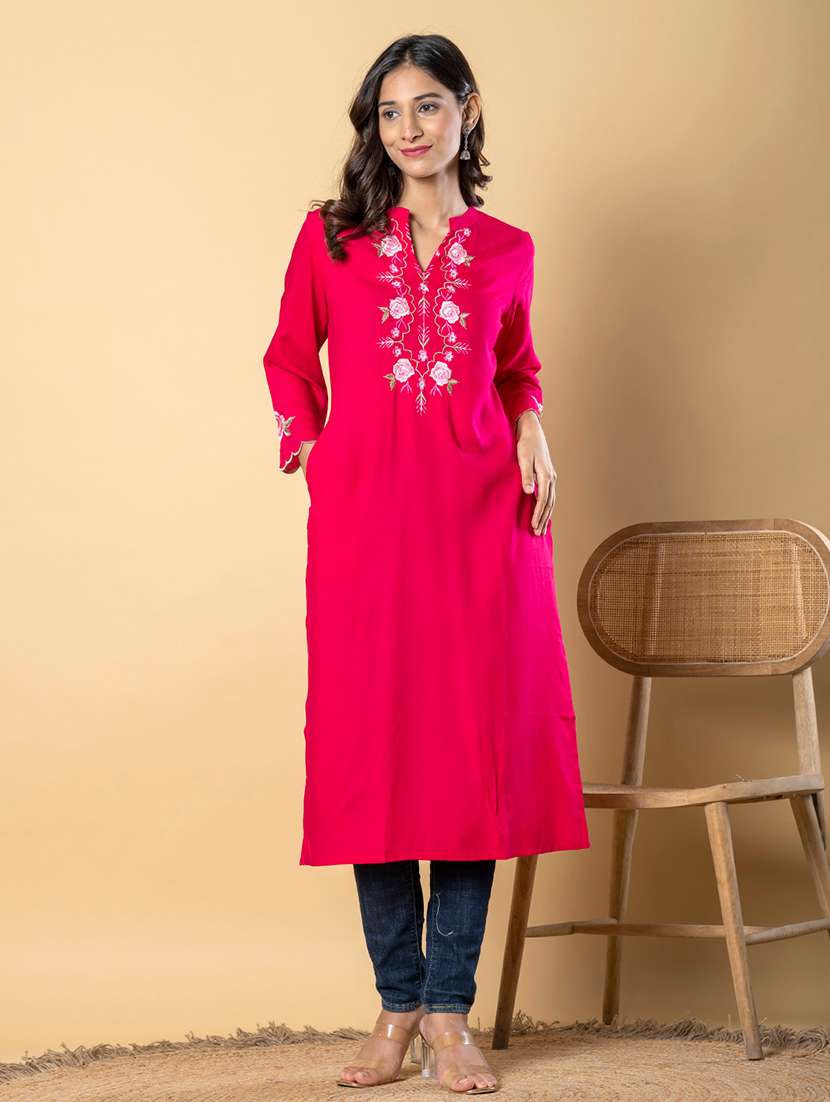 women embroidered three quarter sleeve straight kurta