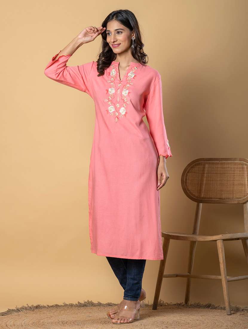 women embroidered three quarter sleeve straight kurta - 21901388 -  Standard Image - 2