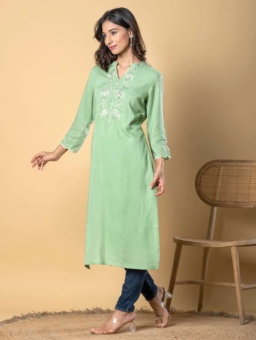 women embroidered three quarter sleeve straight kurta - 21901389 -  Standard Image - 2