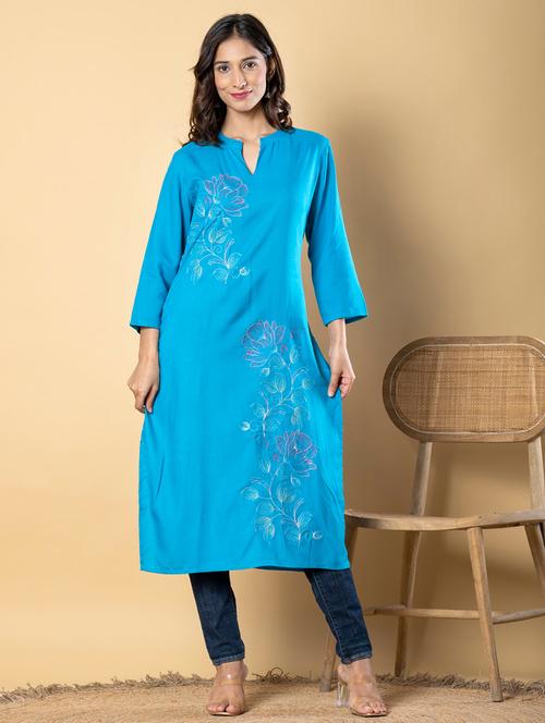 women embroidered three quarter sleeve straight kurta - 21901390 -  Standard Image - 0