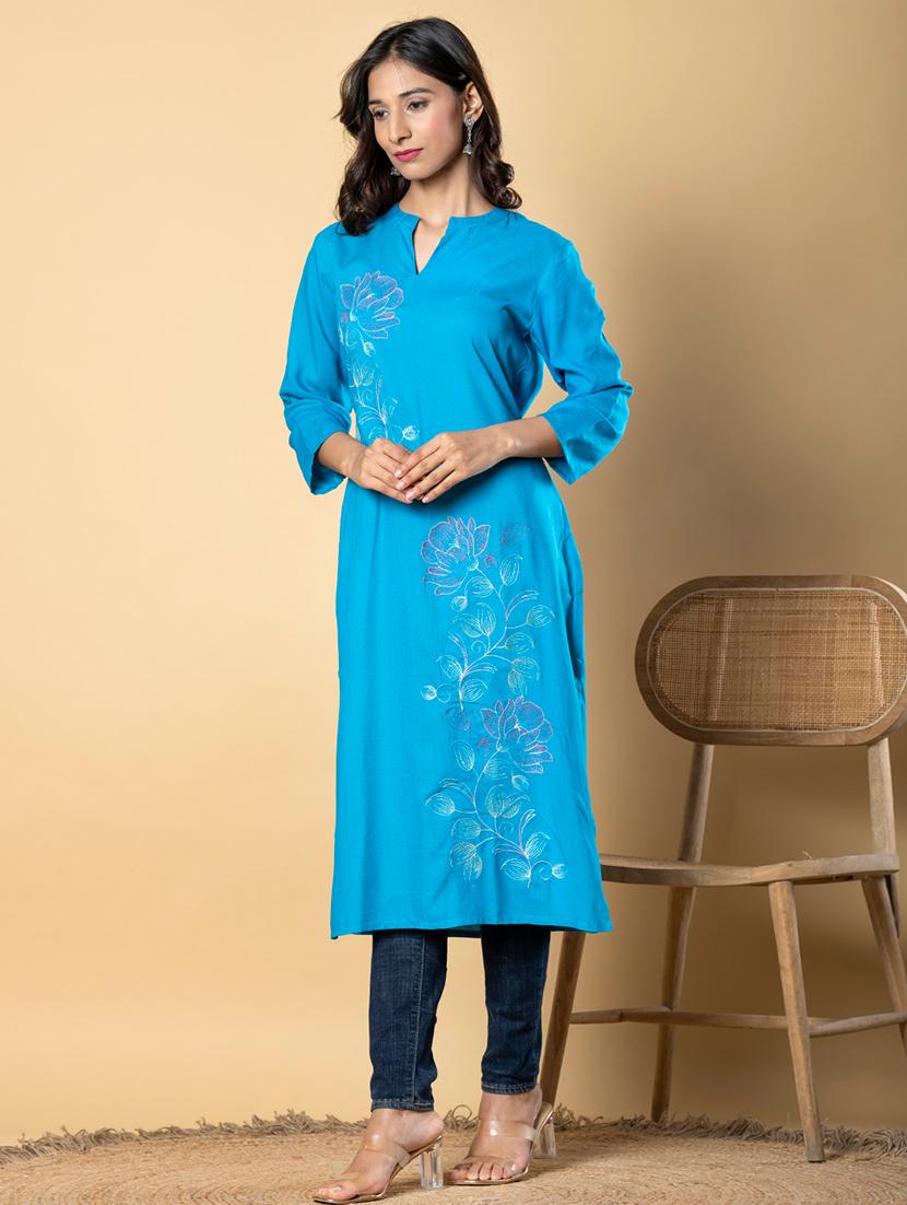 women embroidered three quarter sleeve straight kurta - 21901390 - Standard Image - 2
