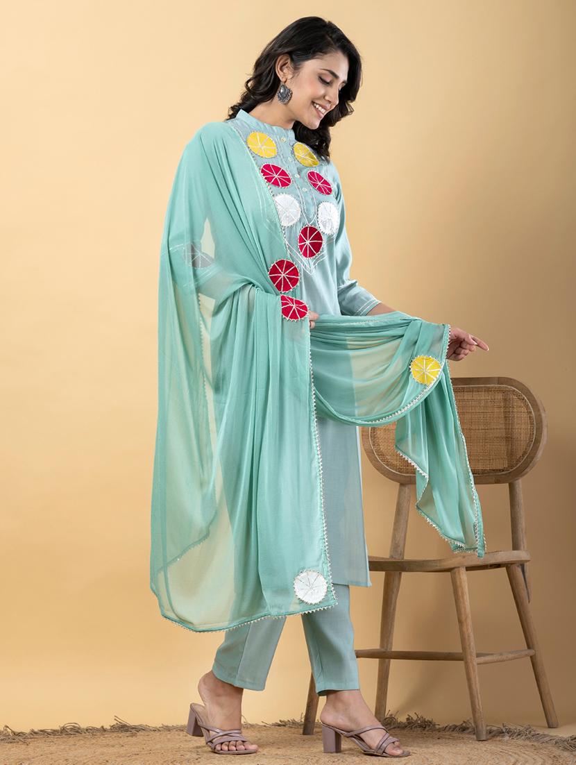 women three quarter sleeve kurta pant with dupatta set - 21901536 - Standard Image - 2