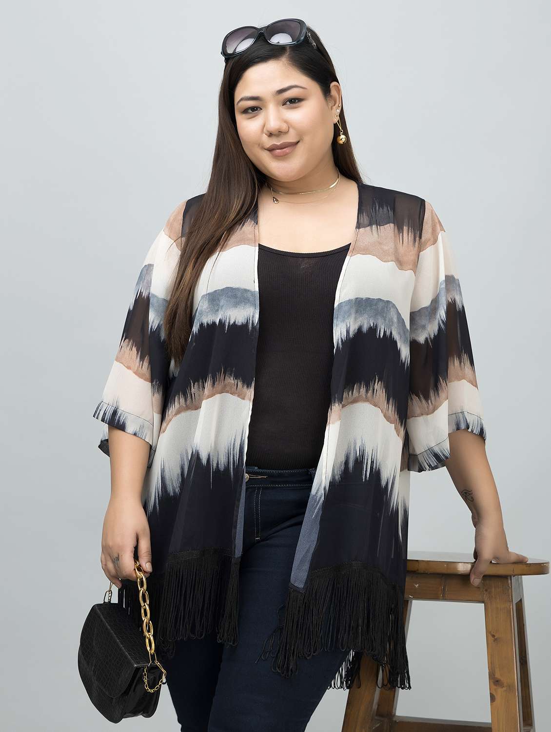 women plus size printed fringed hem regular shrug