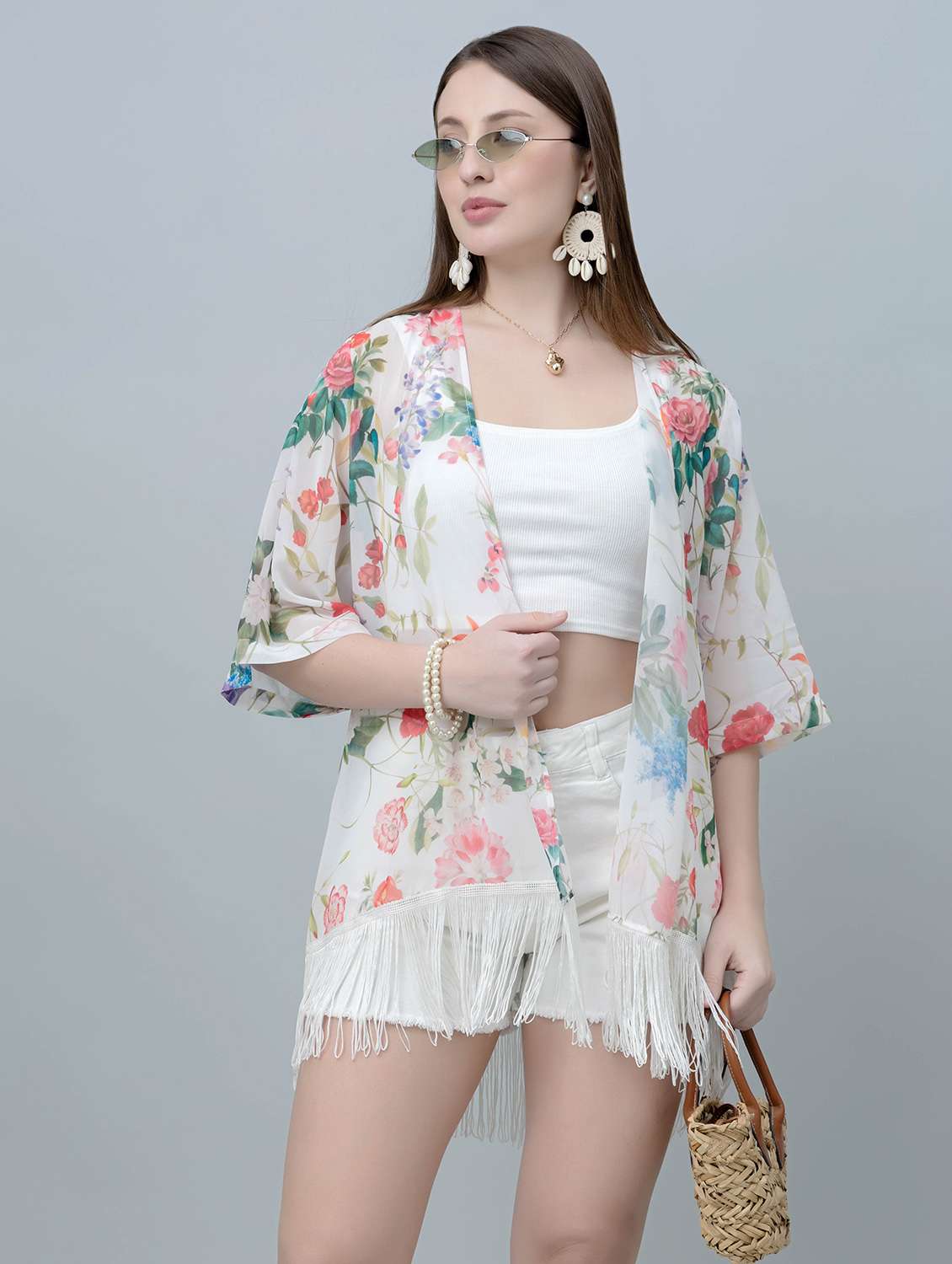 women floral printed fringed hem regular shrug