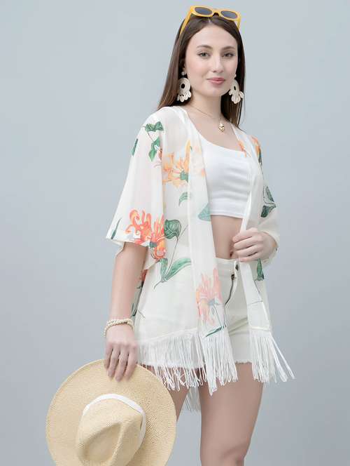 women floral printed fringed hem regular shrug