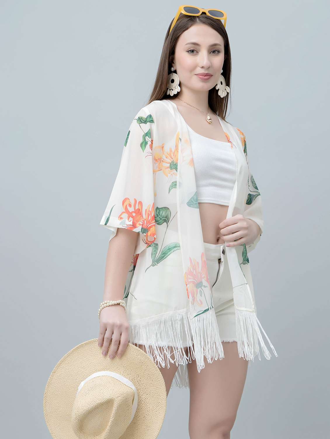 women floral printed fringed hem regular shrug
