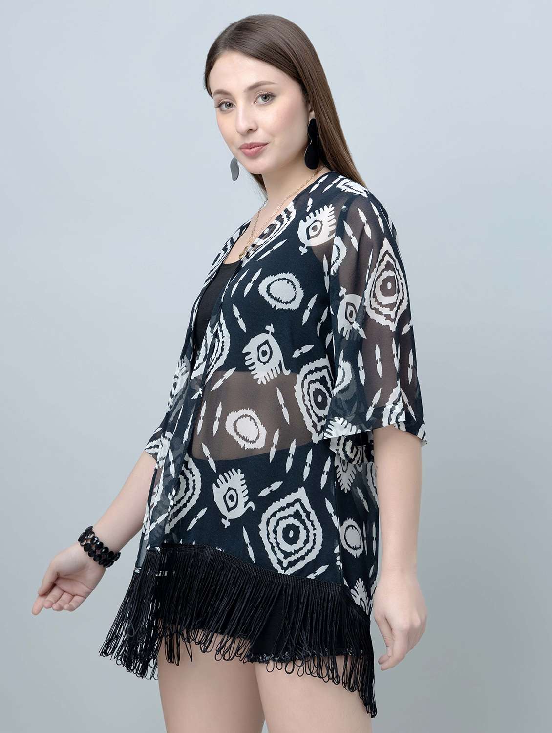 women printed fringed hem regular shrug - 21901582 -  Standard Image - 2