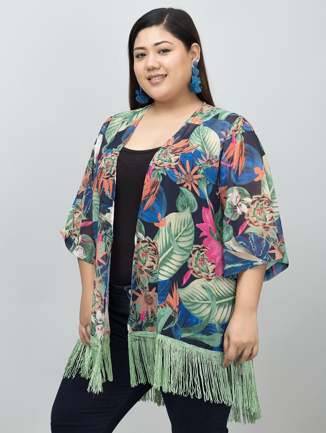 women plus size floral printed fringed hem shrug - 21901584 - Standard Image - 2