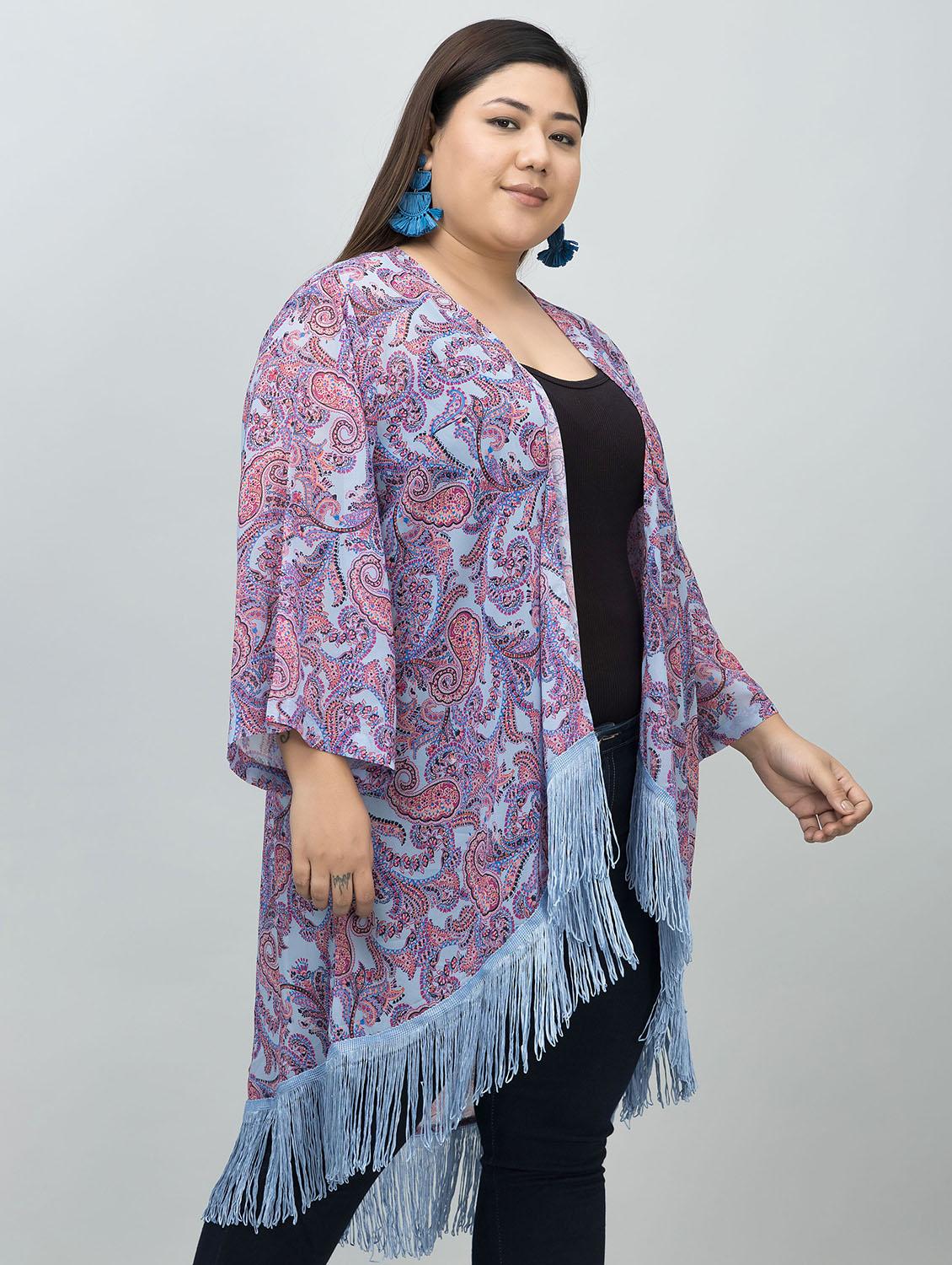 women plus size printed fringed hem shrug - 21901587 - Standard Image - 2
