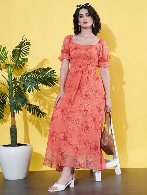 women floral printed puff sleeves fit& flared dress - 21901591 - Standard Image - 0