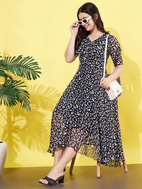 women printed puff sleeves fit& flared dress - 21901595 - Standard Image - 0