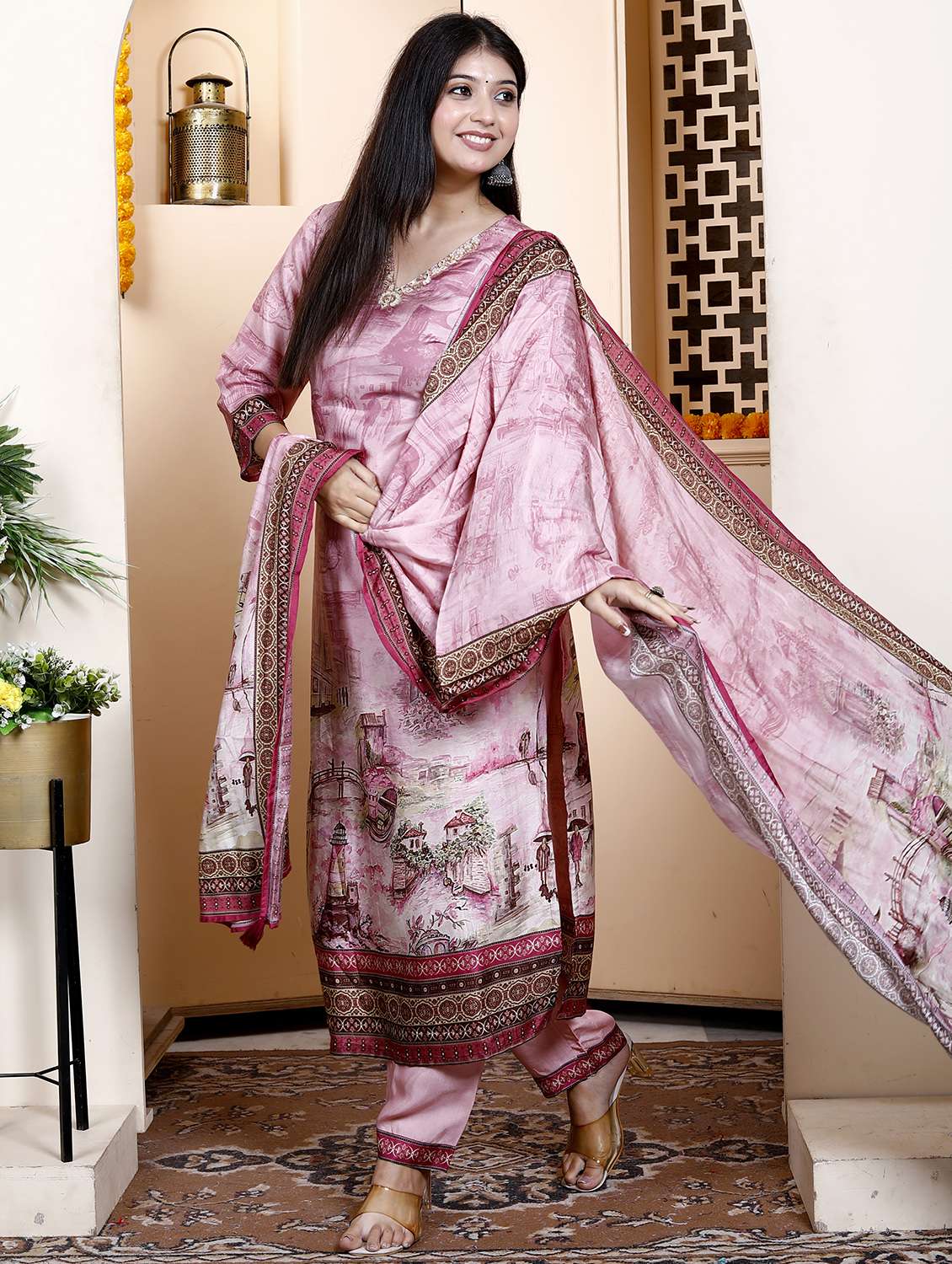 women three quarter sleeve kurta pant with dupatta set - 21901610 -  Standard Image - 2