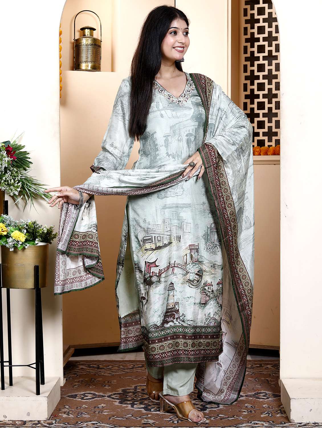 women three quarter sleeve kurta pant with dupatta set - 21901611 -  Standard Image - 2