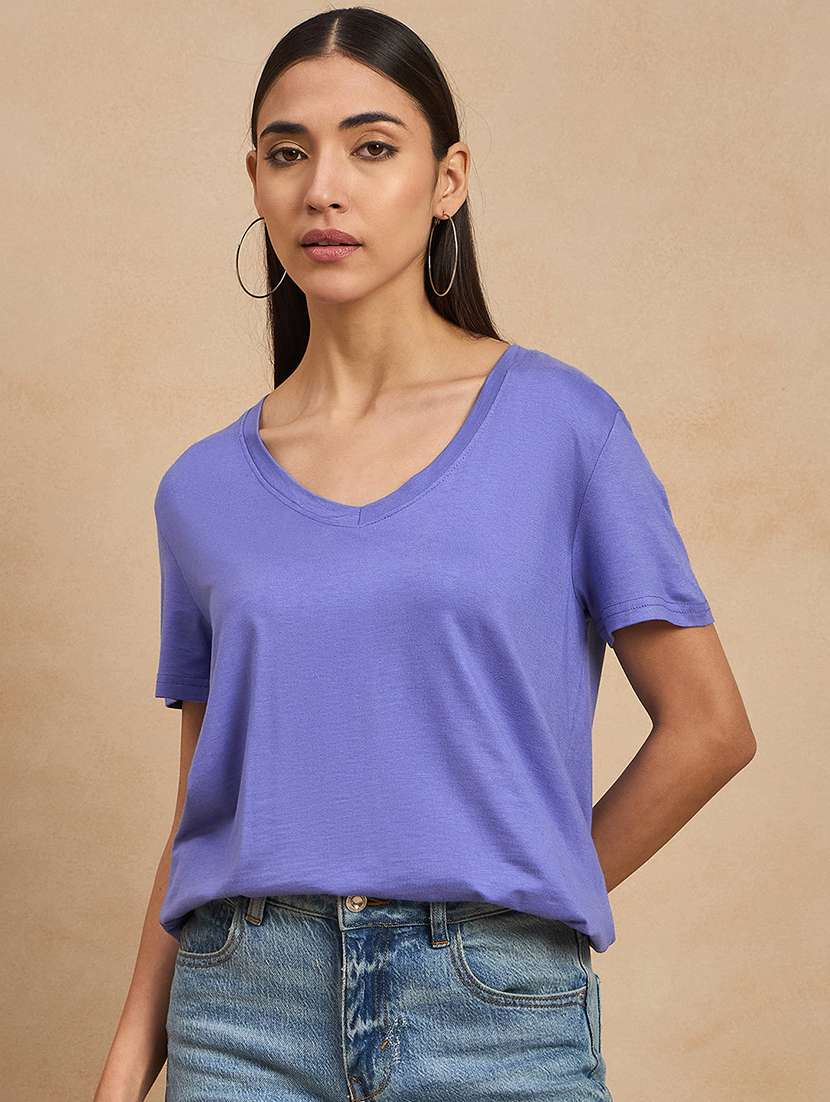 women solid short sleeves regular t-shirt