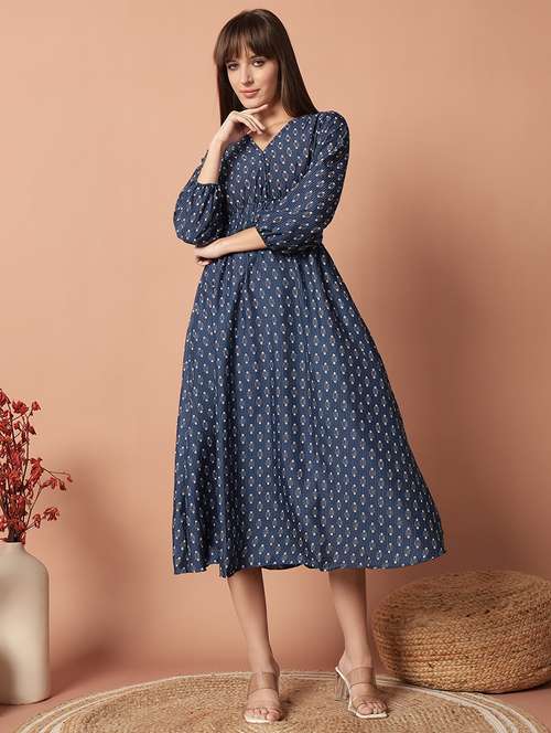 women navy blue printed flared ethnic dress - 21903375 -  Standard Image - 0