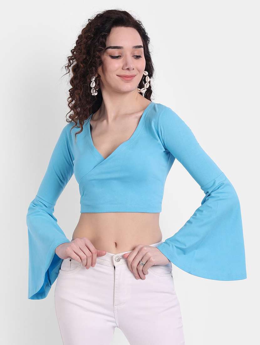 women solid bell sleeves crop top