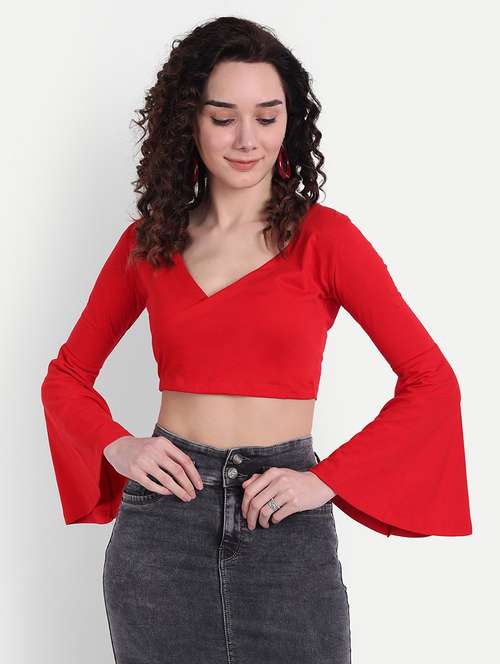 women solid bell sleeves crop top - 21903524 -  Standard Image - 0