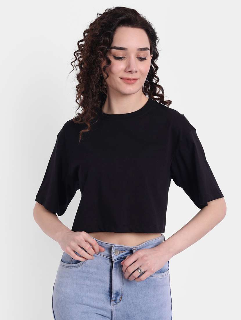 women solid short sleeves crop top
