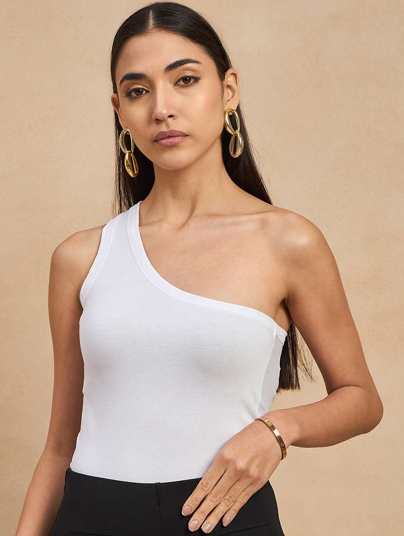 women solid single shoulder crop top