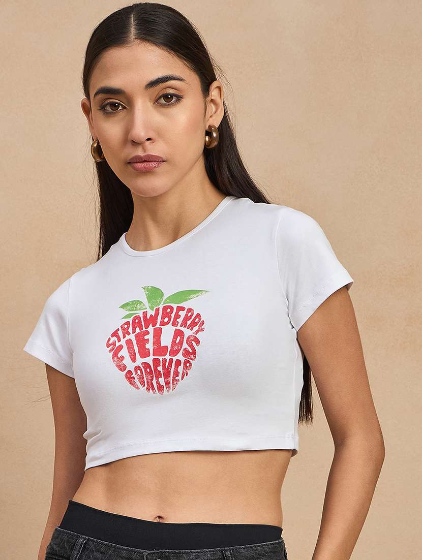 women printed round neck crop top