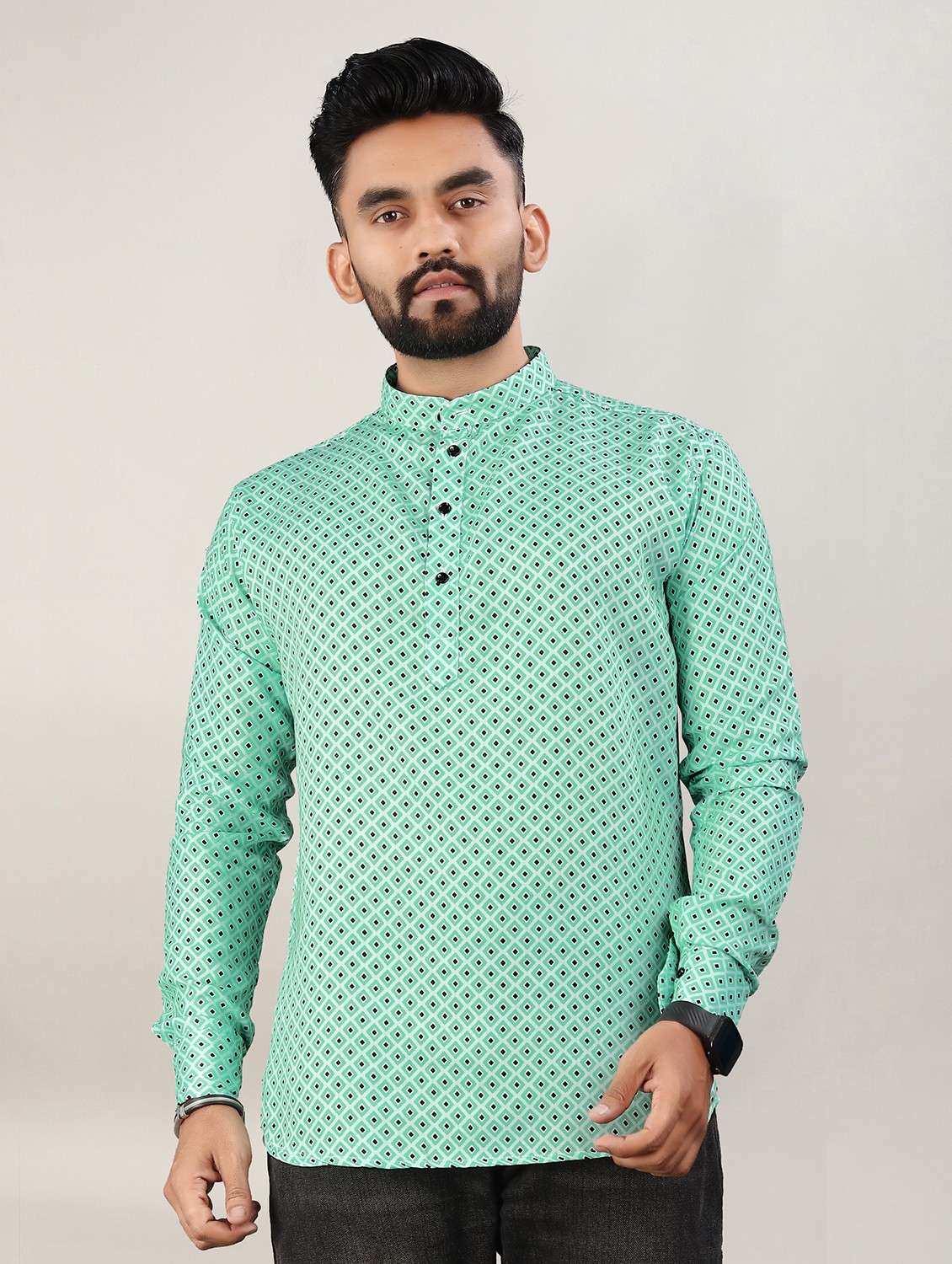 men sea green printed long sleeve short kurta