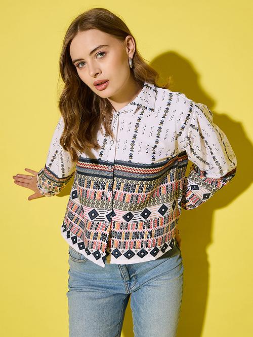 womenn printed collared puff sleeve regular shirt - 21904443 -  Standard Image - 0