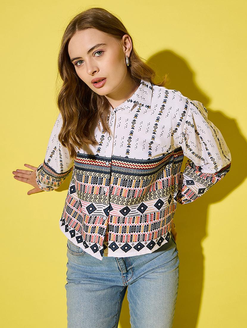 womenn printed collared puff sleeve regular shirt - 21904443 -  Zoom Image - 0