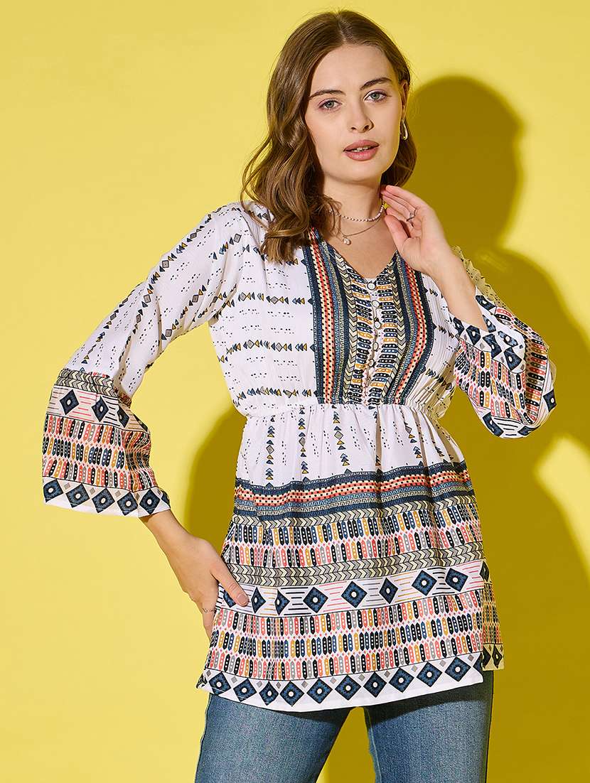 women printed bell sleeve flared top