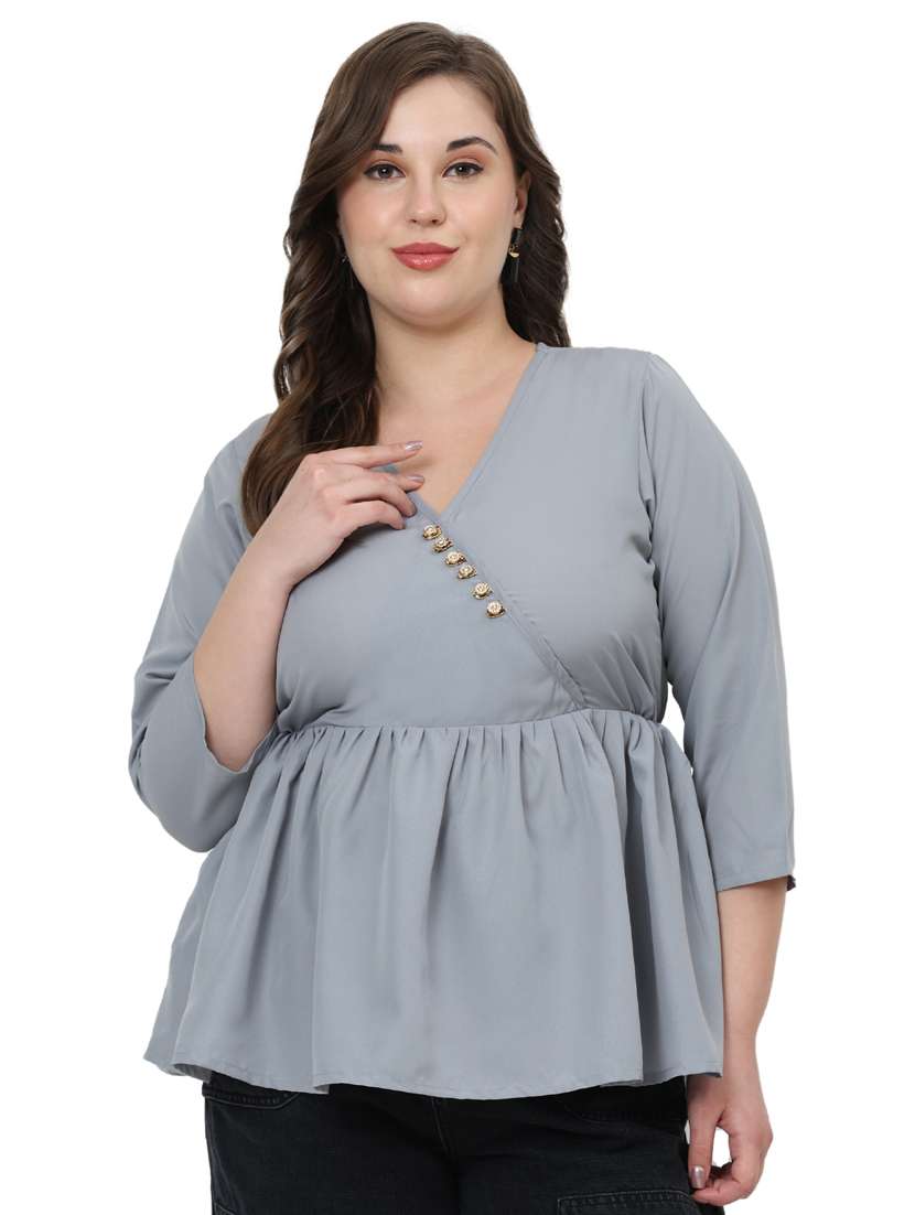 women plus size solid overlap neck pelum top