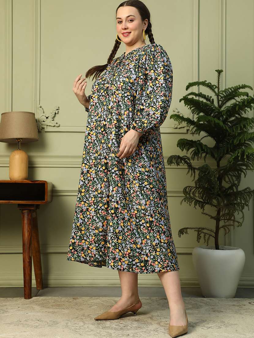 women lus size floral print mandarin neck dress - 21905151 - Standard Image - 2